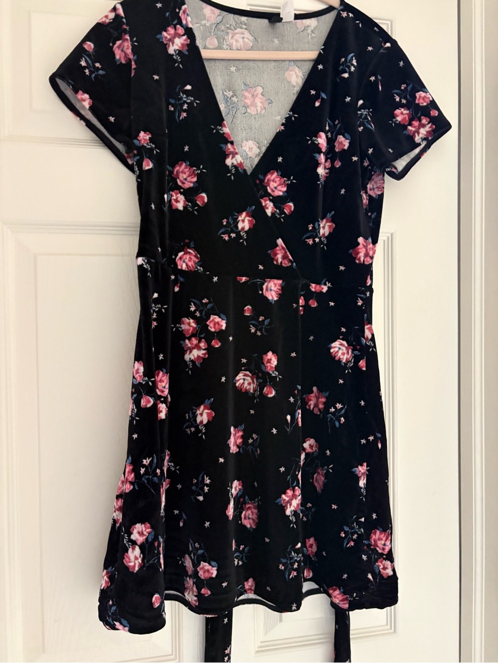 Floral V-Neck Wrap Dress in Black with Pink Roses